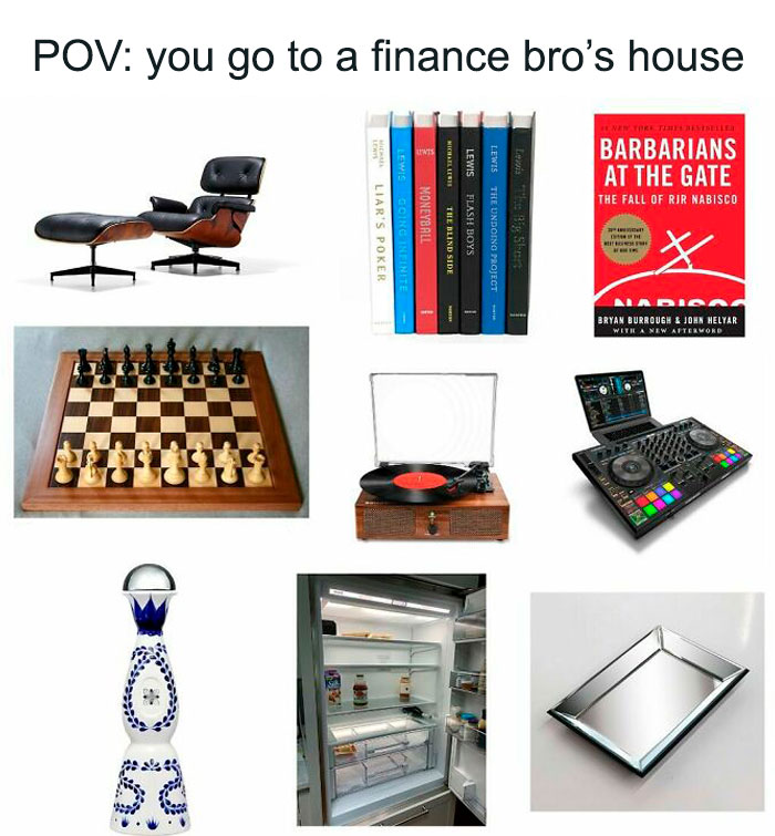 Finance-themed decor with books, chessboard, record player, and DJ console from Overheard on Wall Street investment memes.