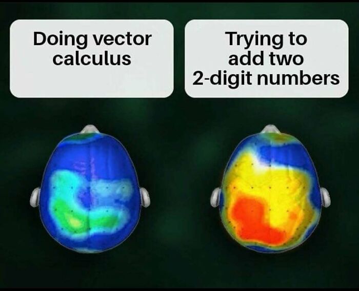 Funny science meme comparing brain activity for calculus vs simple math.