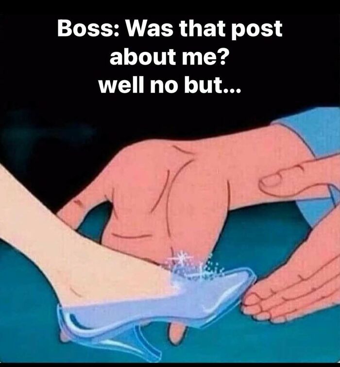 Work meme featuring a glass slipper fitting scene with text about a boss's reaction to a post.