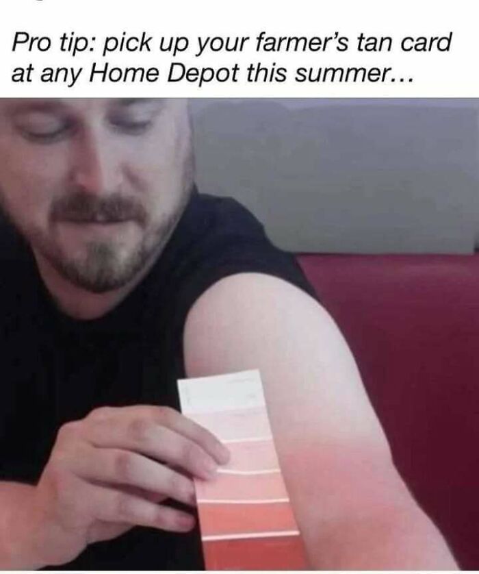 Man comparing his farmer's tan to paint swatches, humorous meme from relatable "Now That's Funny" IG page.