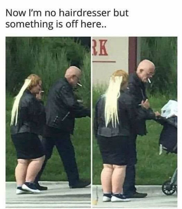 Two people walking with funny hair illusion, shared by a comedic meme page for relatable humor.