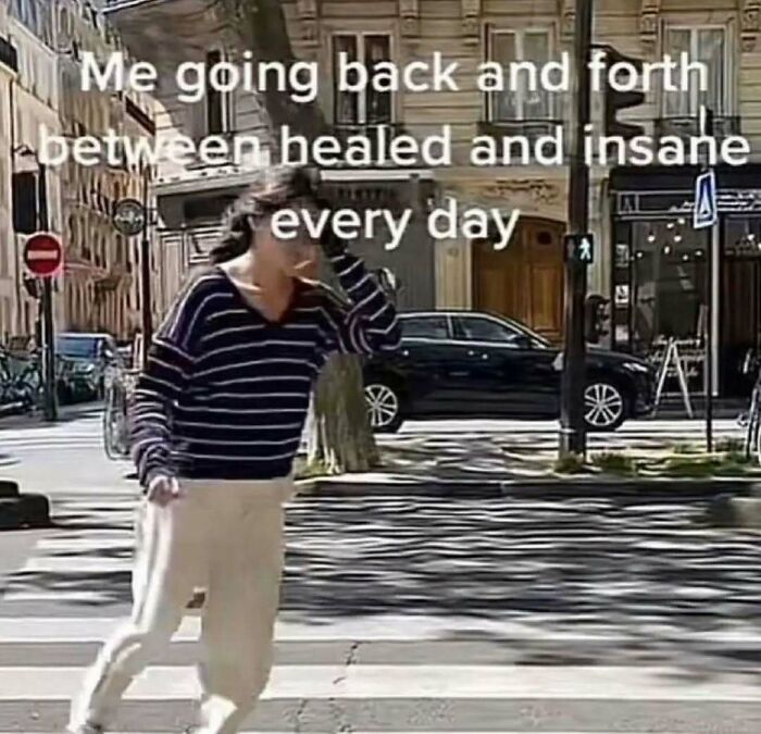 Person in striped shirt mimicking running on a street with a funny mental health meme caption overhead.