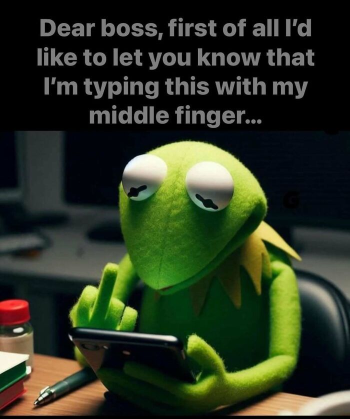 Kermit the Frog humorously typing on a phone, representing relatable work memes to share with colleagues.