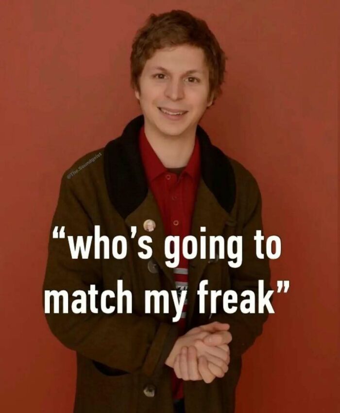 Young man with a shy smile, captioned "who’s going to match my freak," representing relatable mental health humor.