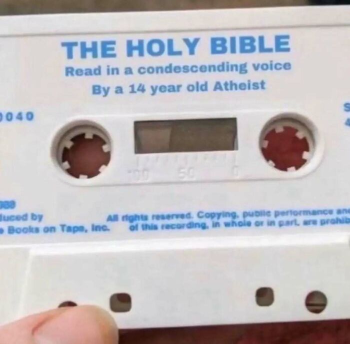 Cassette tape labeled humorously, showcasing mental health meme about a sarcastic Bible reading.