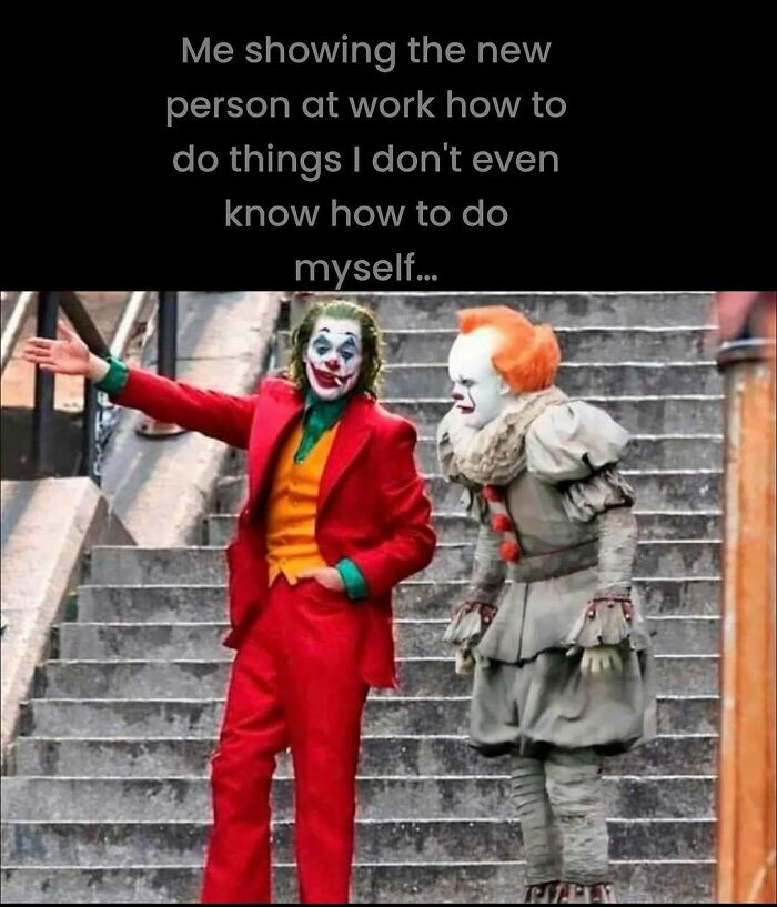 Two clowns on stairs, one showing the other something, illustrating a humorous work meme about teaching tasks.