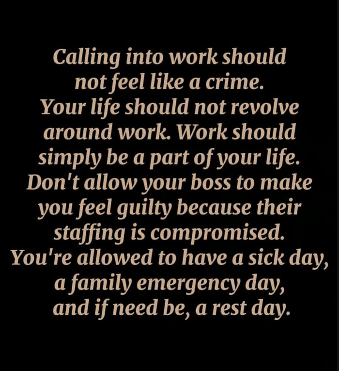 Text meme about work-life balance, emphasizing the importance of personal time and rejecting guilt over taking necessary time off.