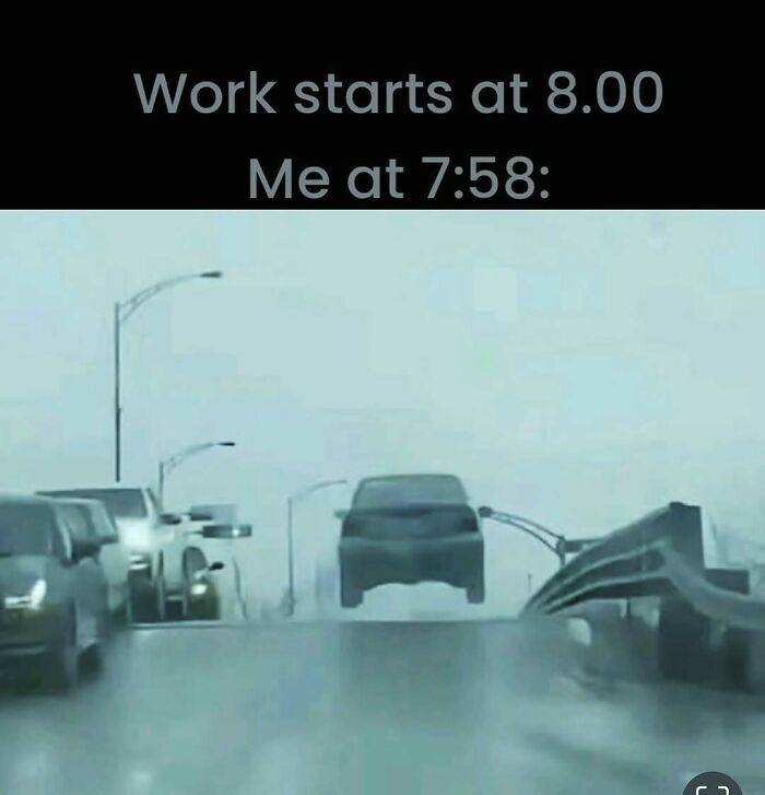 Car meme showing vehicle flying off road, humorously illustrating rush to work. Ideal work memes for colleagues.