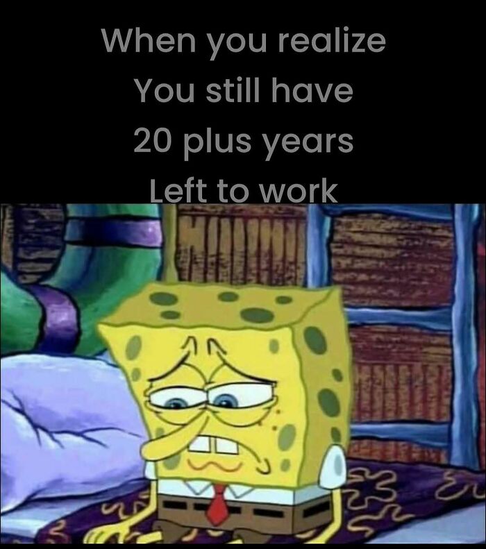 SpongeBob looking sad with text about having 20 plus years left to work, a relatable work meme to share with colleagues.