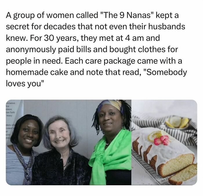 Three women smiling together, a loaf of lemon cake with icing, symbolizing wholesome kindness posts.