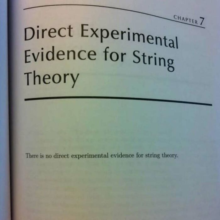 Science memes image featuring text about the lack of direct experimental evidence for string theory.