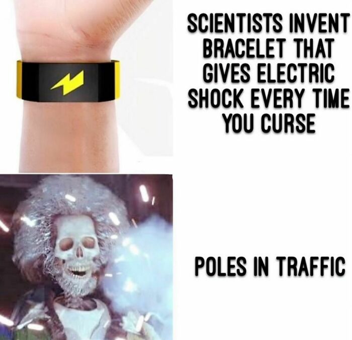 Polish meme with a bracelet giving shocks for cursing, and a humorous skeleton with wild hair representing Poles in traffic.