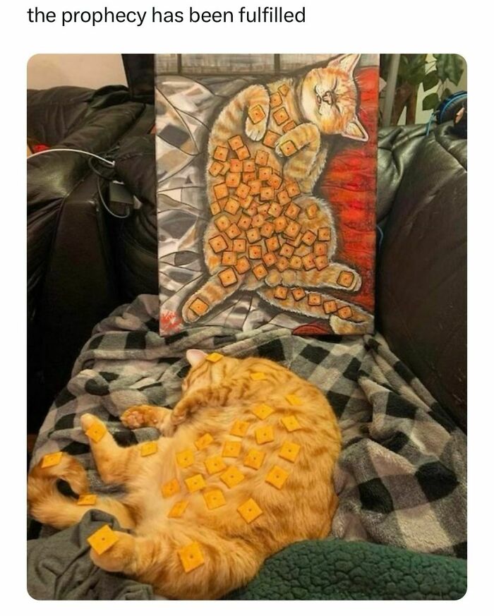 Orange cat covered in cheese crackers, lying on a blanket, mimicking a painting in a funny pet meme.