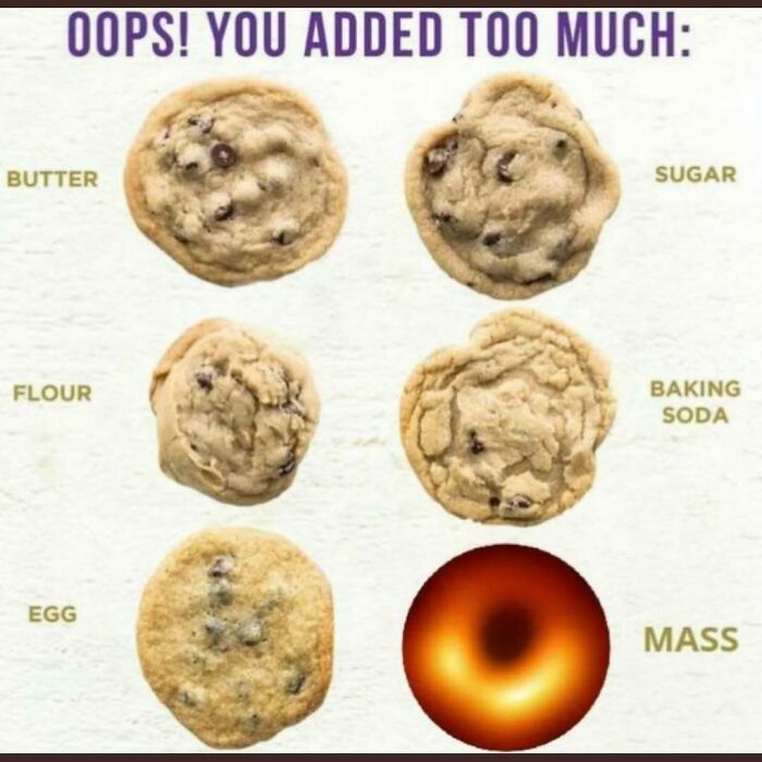 Science memes showing cookies with excess ingredients and a final image resembling a black hole labeled "mass."