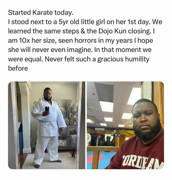 Man in a karate gi and casual clothes, reflecting on wholesome kindness post about karate experience with a young girl.