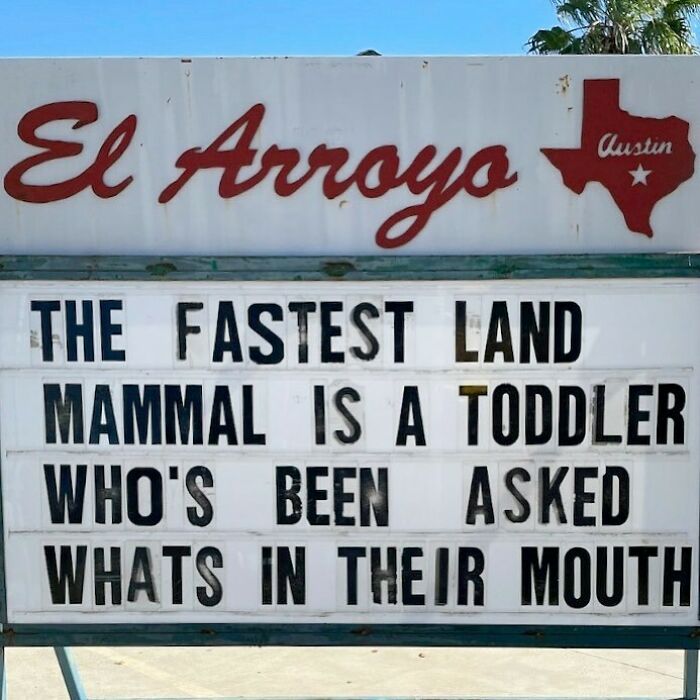 El Arroyo sign with a humorous message about toddlers being the fastest land mammals.