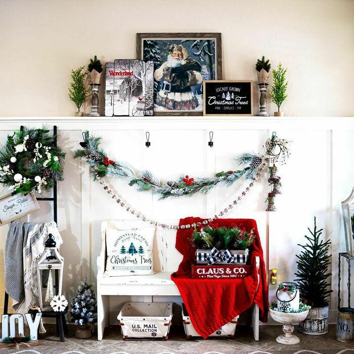 Festive scene with various Christmas-decorating ideas, including garlands, wreaths, and Santa-themed art.