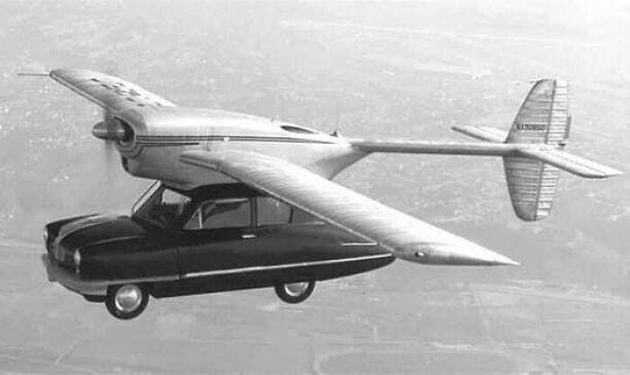 Historic image of a flying car prototype, illustrating past innovations shaping the future of transportation.