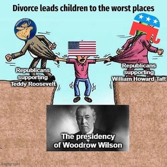 Funny meme on Republicans split between Teddy Roosevelt and William Taft, leading to Woodrow Wilson's presidency.