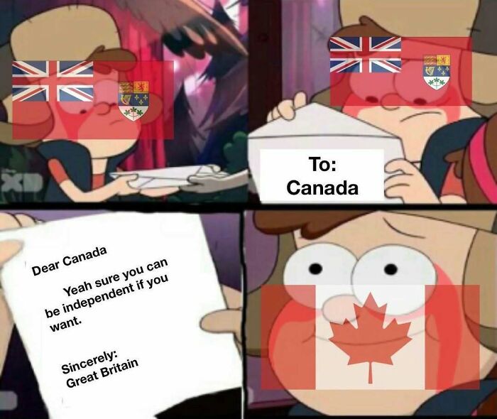 Cartoon character with British flags delivers a letter of independence to Canada, expressing surprise. History meme.