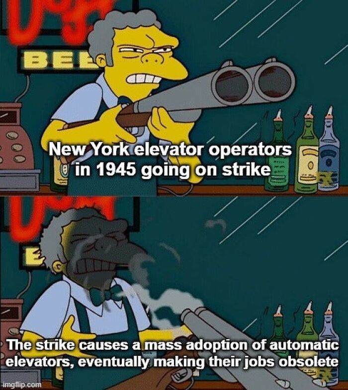 Cartoon character with a shotgun depicting New York elevator operators' 1945 strike, leading to automation.