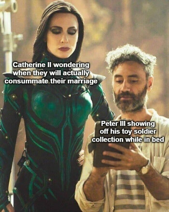 Funny meme depicting Catherine II and Peter III in a humorous historical context with text overlay.