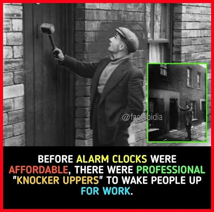 Man using a long stick to knock on a window, an old method before alarm clocks, revealing surprising historical facts.