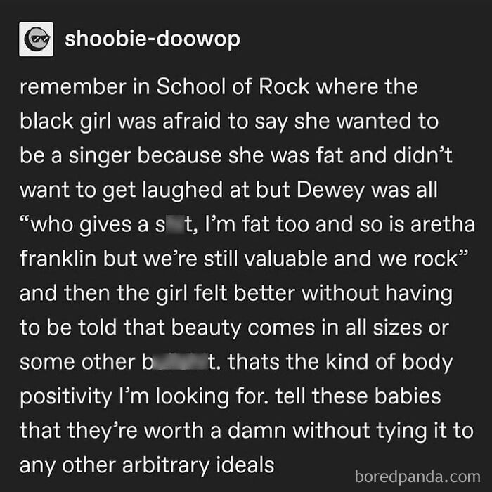 Text post highlighting body positivity and self-worth from the movie "School of Rock."