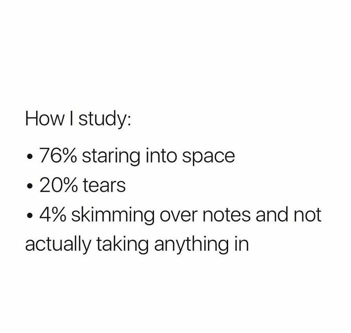 University life meme showing a study breakdown of staring into space, tears, and skimming notes.