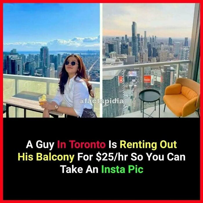 Woman enjoying Toronto skyline view, seated on a balcony available for rent, highlighting surprising city facts.