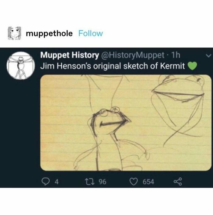 Jim Henson's original sketch of Kermit featured in a meme, highlighting culture and humor on social media.