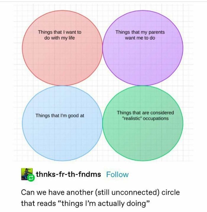 Venn diagram meme humorously depicting life goals, parental expectations, skills, and realistic occupations.