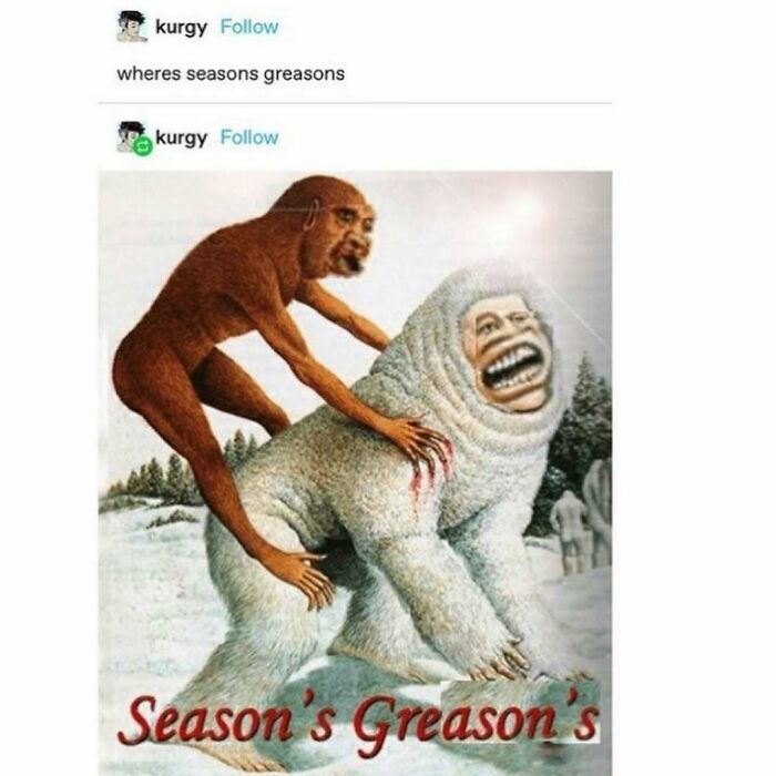 Funny meme with a seasonal twist, featuring a humorous edit of creatures in a snowy landscape.