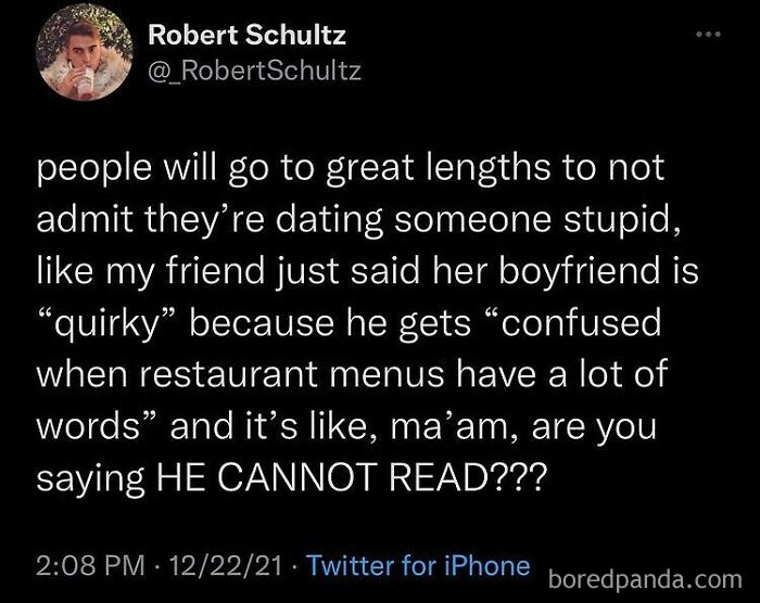 Funny meme about a boyfriend being called quirky for struggling with wordy restaurant menus.