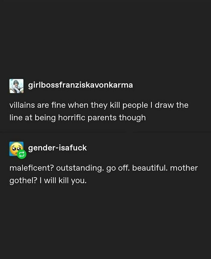 Two Tumblr users humorously debate villains' parenting, highlighting cultural memes.