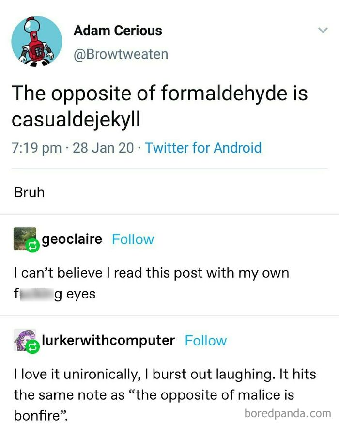 Funny meme about wordplay with "formaldehyde" and "casualdejekyll," sparking humorous reactions from commenters.