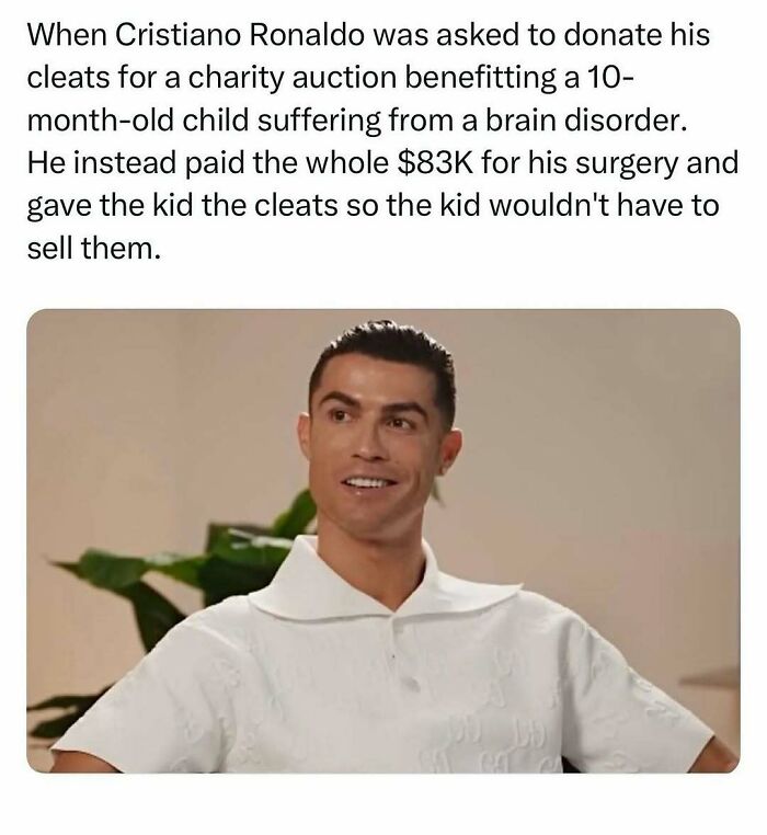 Man in a white shirt smiling, with text about a generous act for a charity auction. Wholesome-kindness-posts theme.