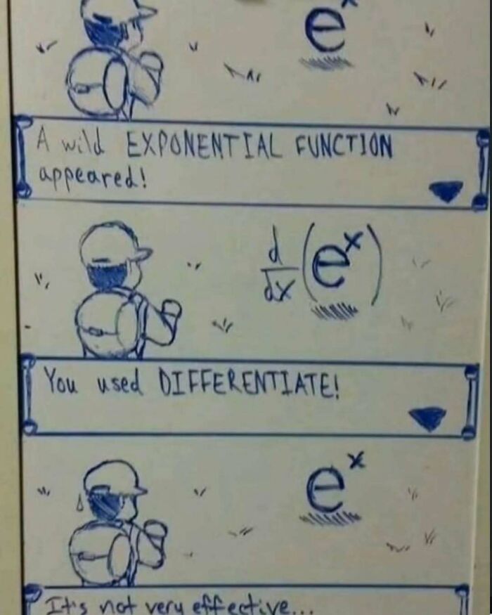 Cartoon of a person facing an exponential function with "It's not very effective" text, from science meme.