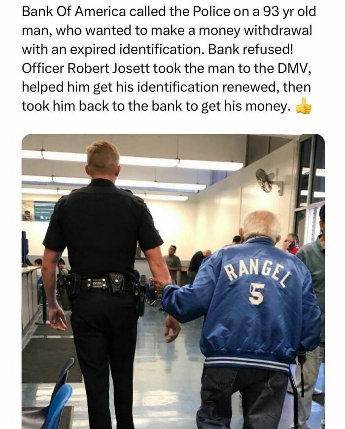 Police officer helping elderly man at a bank, illustrating wholesome kindness.