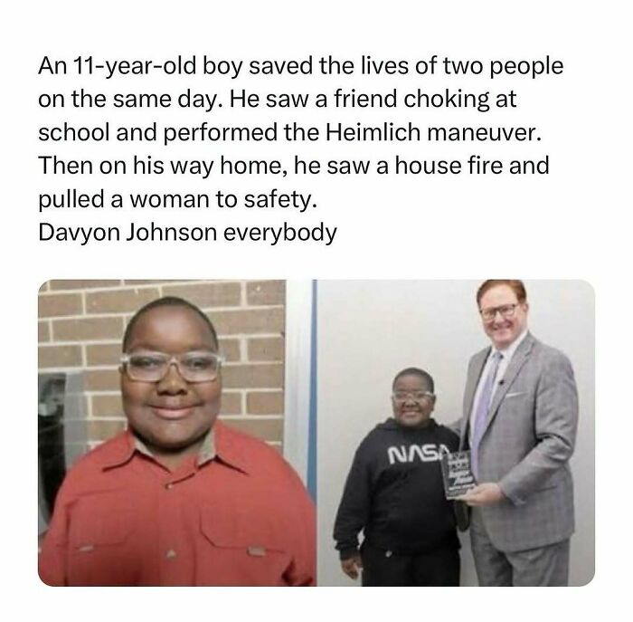 Young boy recognized for heroic acts, saving a friend with Heimlich and rescuing a woman from a fire. Wholesome kindness posts.