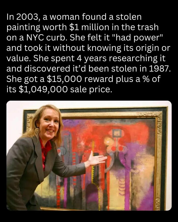 Woman smiling and gesturing at a colorful abstract painting, illustrating a fascinating holiday season fact.