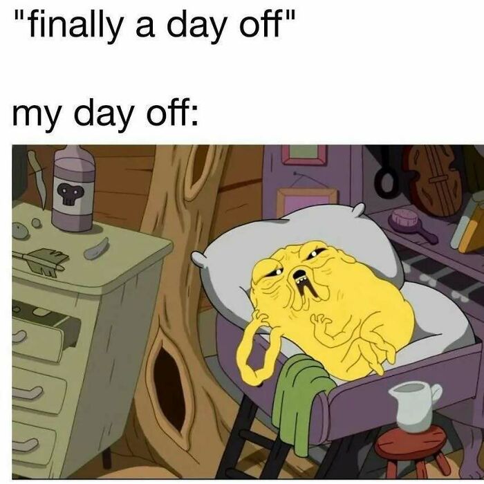 Relatable mental health meme featuring a cartoon character relaxing awkwardly on a day off in a messy room.