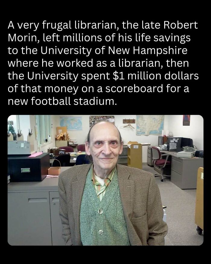 A smiling man in a library office, highlighting interesting facts about a frugal librarian's generous donation.