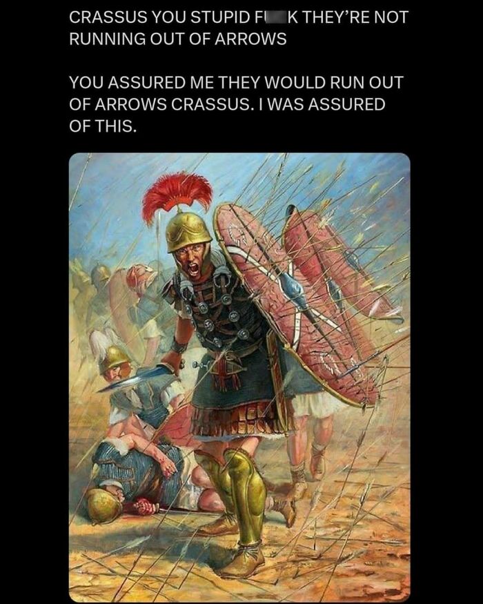 Roman soldier meme humorously explaining historical battle tactics with arrows.