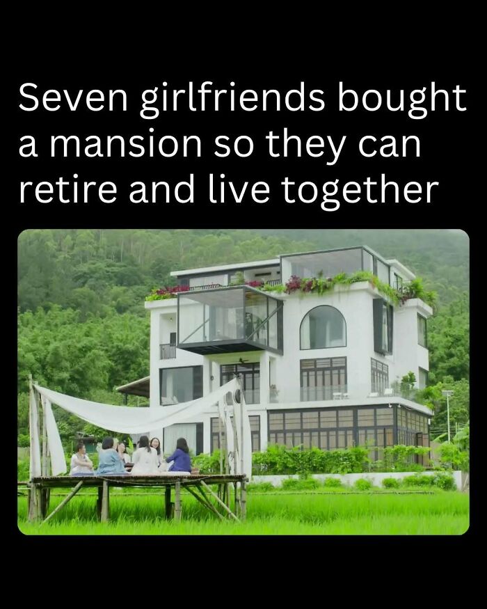 A group of women sitting outside a modern mansion surrounded by greenery, sharing an interesting holiday stress relief idea.