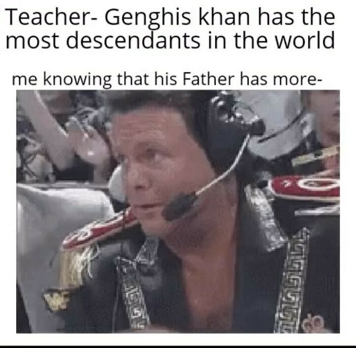 A funny meme about Genghis Khan's descendants, featuring a surprised broadcaster.