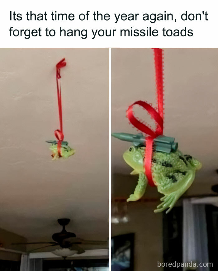 Funny Christmas meme with a toy frog hanging from the ceiling, labeled "missile toad."