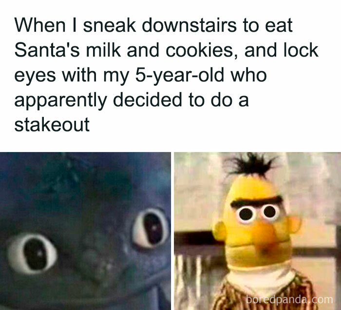 Funny Christmas meme with surprised cartoon characters reacting to stolen cookies.