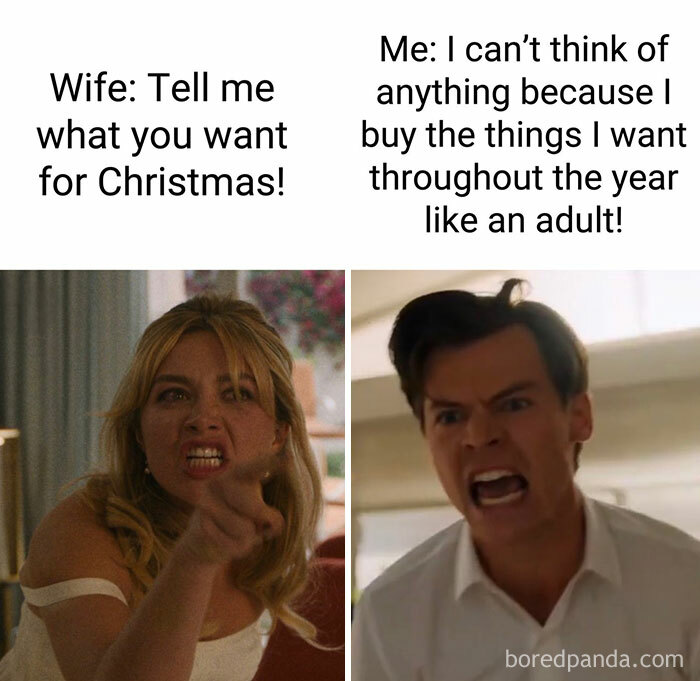 Funny Christmas meme with a woman and man arguing humorously about Christmas gift wishes.