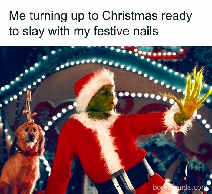 Funny Christmas meme of a character in a Santa suit showing off festive nails with a humorous caption.